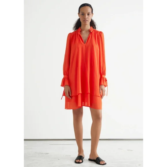 & Other Stories Dress Women Small 4 Orange Flounce Tiered A Line Mini  Keyhole